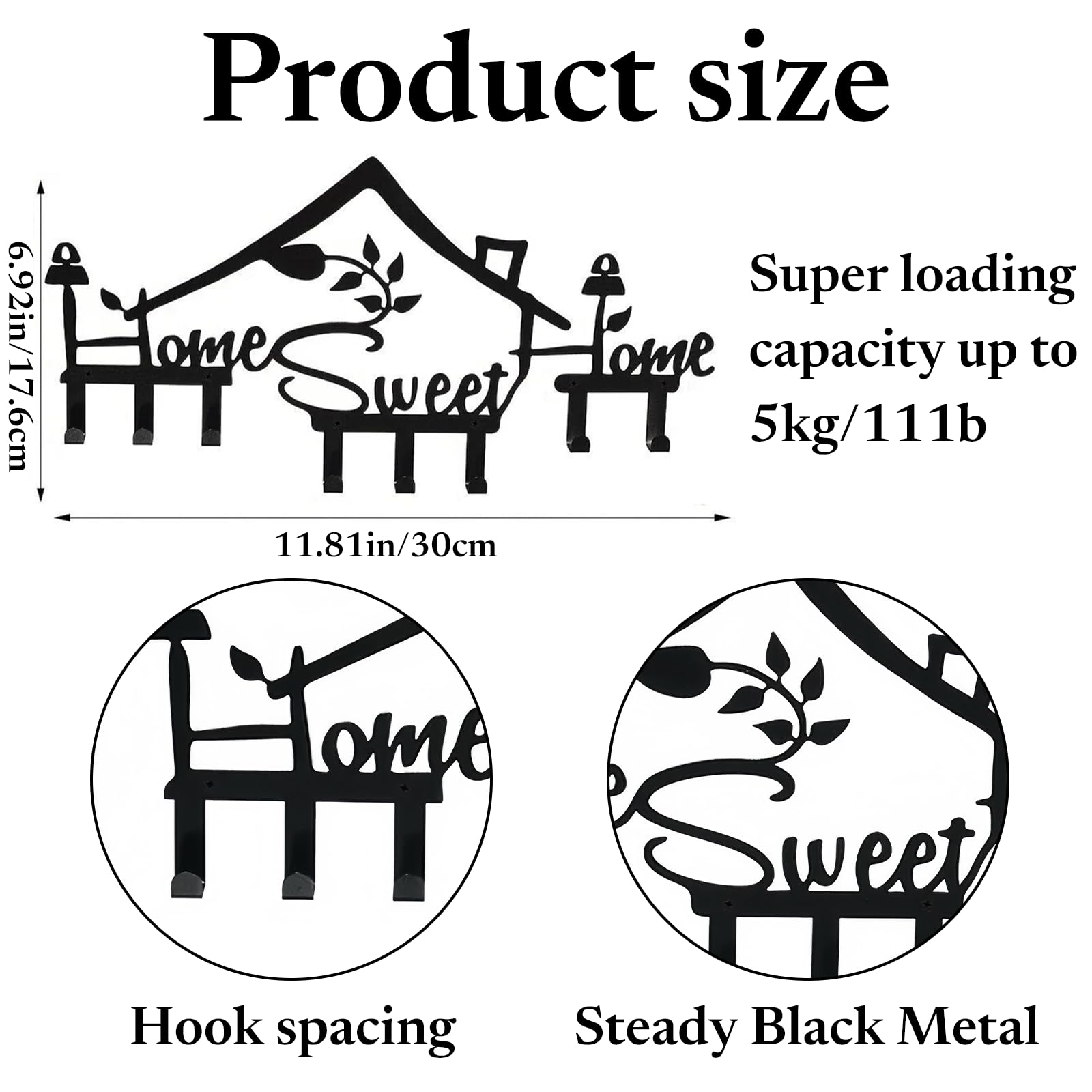 Colgador De Llaves Para Pared 'Home Sweet Home' – Metal Con 8 Ganchos, Negro, Para Organizar Entrada Y Pasillo