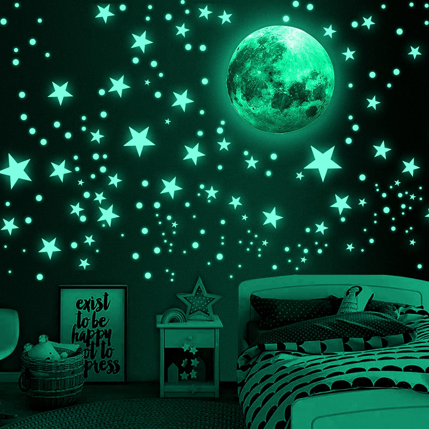 Glow in The Dark Stars and Moon, 521pcs Glow in The Dark Stars for Ceiling,Realistic 3D Luminous Stars Wall Stickers,Glowing Stars for Ceiling and Wall for Child's Rooms Wall Bedroom Decor(grün)