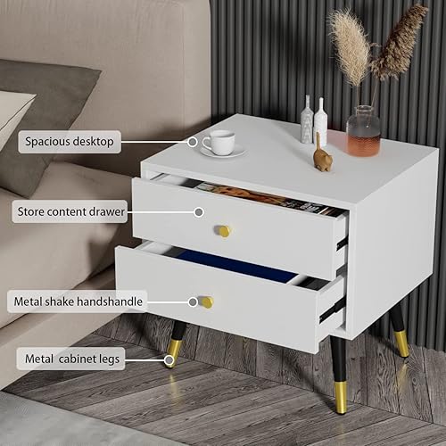 Miniatura 4 de AGOTENI Mesa auxiliar de noche con patas de metal de 3 cajones moderna mesita de noche para dormitorio sala de estar oficina color blanco