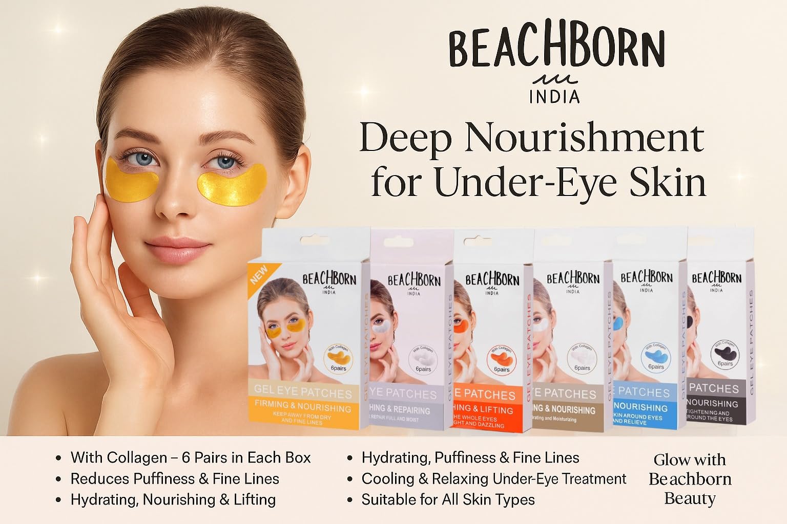BEACHBORN INDIA Gel Eye Patches 6 Paires With Collagien Brightening & nourishing Hydrating & Refresh for Puffy Eyes, Under Eye Bags & Dark Circles, Natural Collagen Eye Gels Pads, Crystal Anti-Aging Eye Mask (GOLD) 2