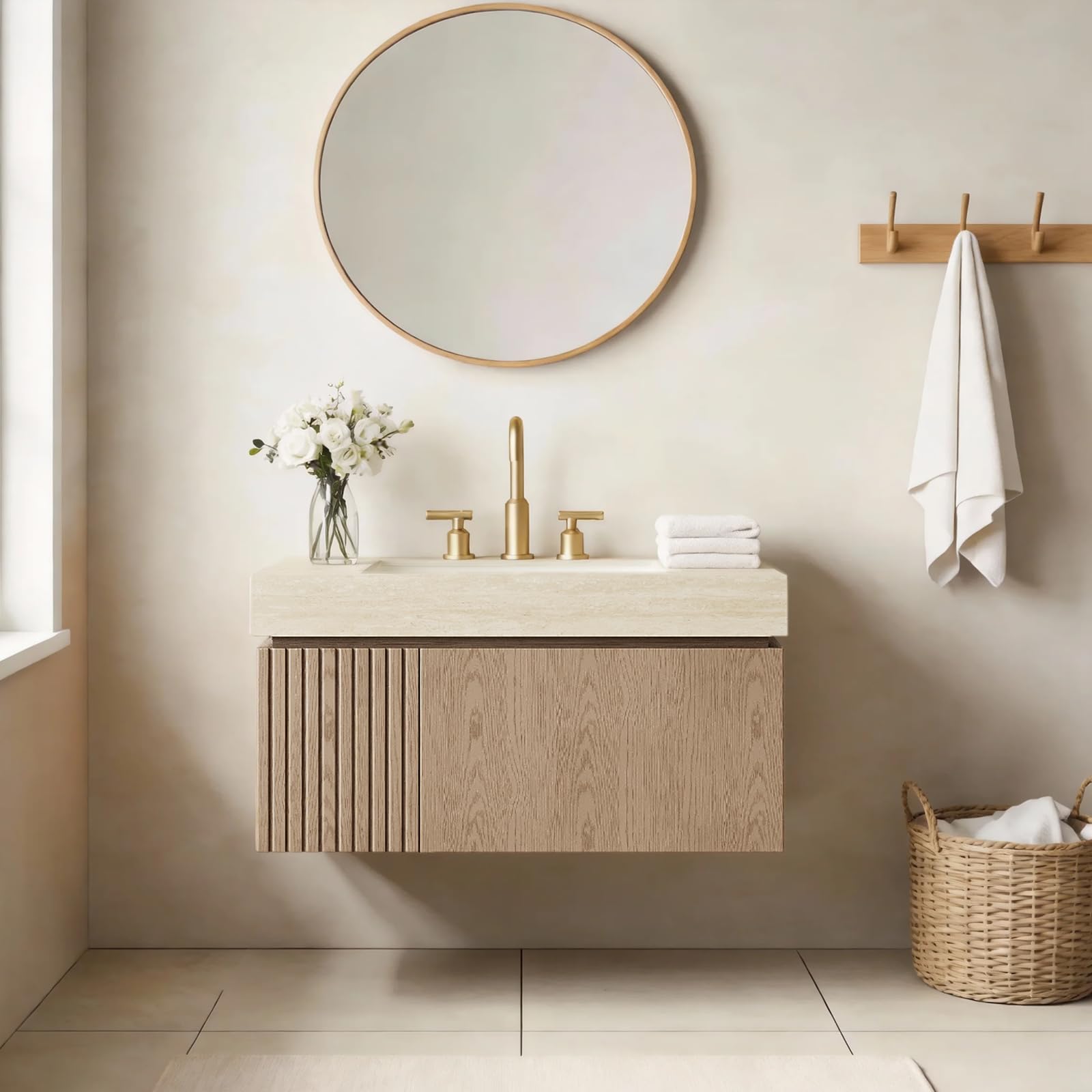AmbroVania 30 inch light brown floating bathroom vanity with travertine stone top