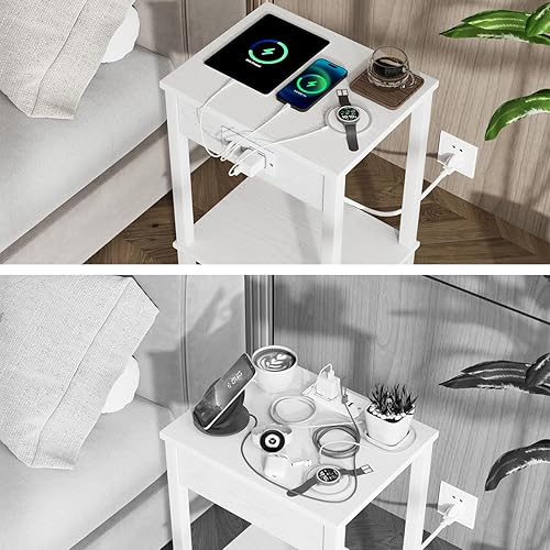 Miniatura 6 de VIMBER Mesa auxiliar con estación de carga, juego de 2 mesas auxiliares con puerto USB y tomas, mesitas de noche con estantes de almacenamiento de 2