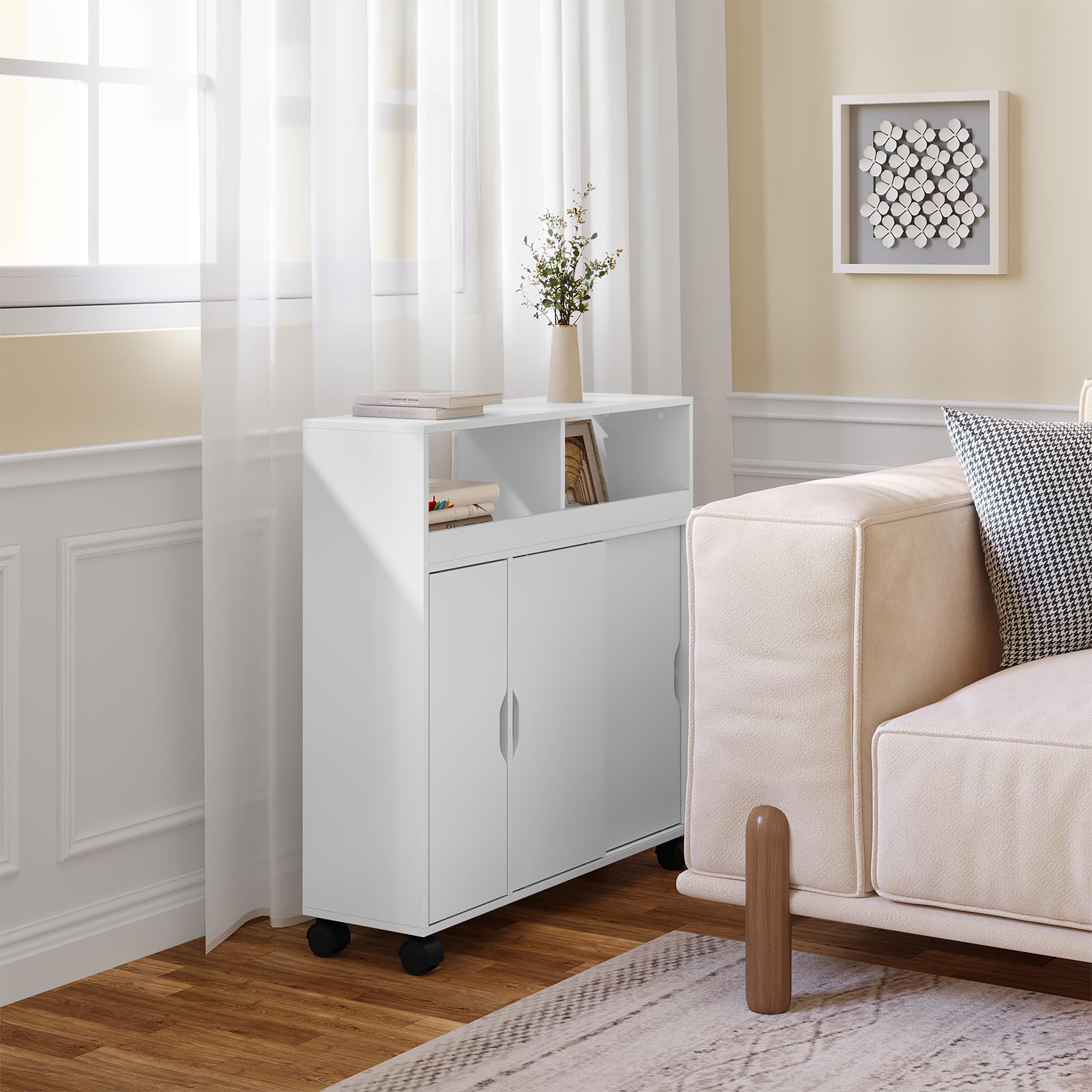 EUGAD Mobile da Bagno con Ante e Ruote, Armadietto da Bagno con Scomparti Aperti e Nascosti, Mobiletto Multiuso, per Cucina, Bagno, in Legno, Bianco, 70x20x71,5 cm