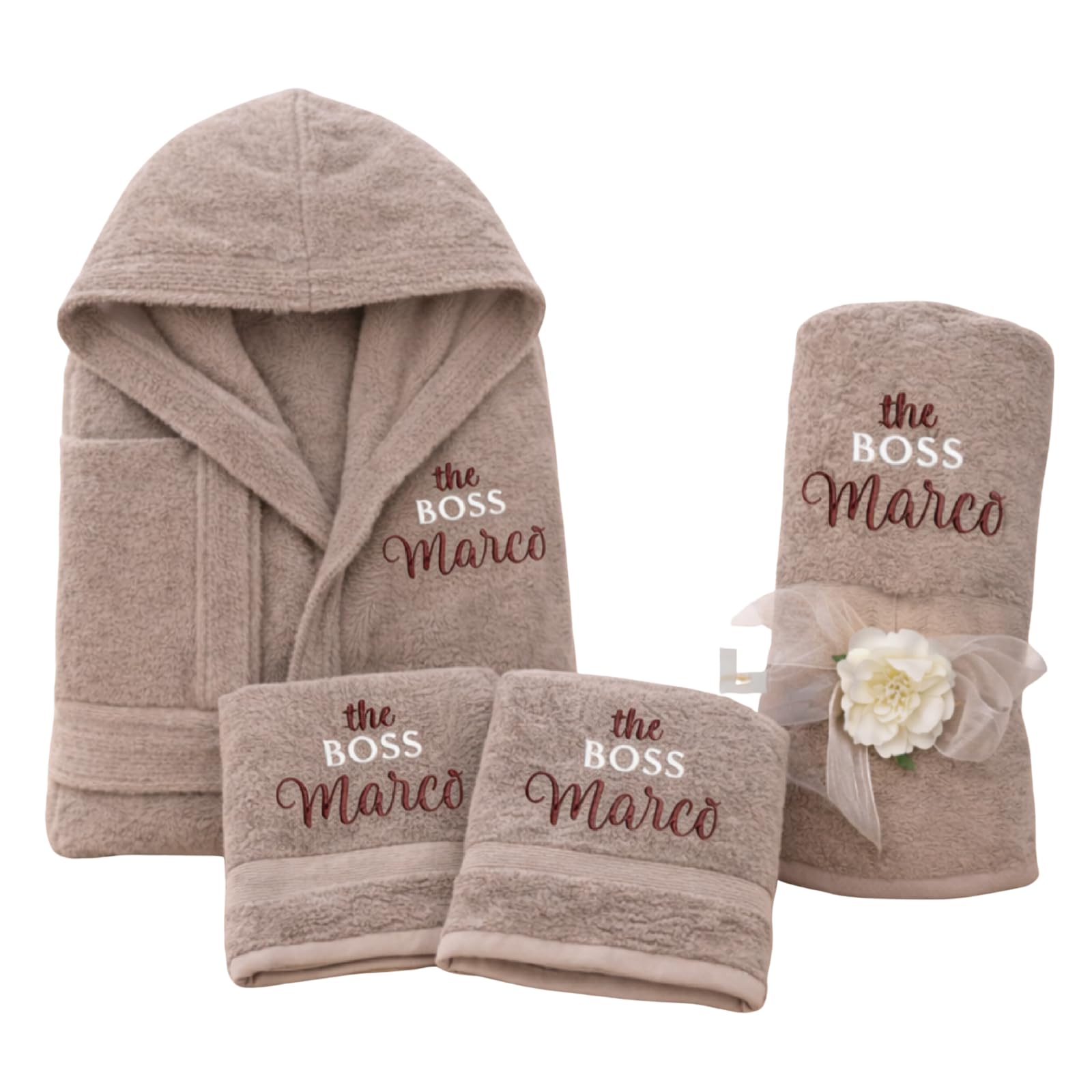 D&Vlab Kit Set 4 pz Accappatoio e 2 Asciugamani viso e bidet + Telo Doccia Grande Personalizzati con Nome Ricamati - in morbida spugna di cotone - Idea regalo per Uomo Donna Lui e Lei BOSSES