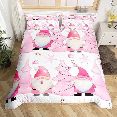 Decoración de Navidad de gnomo, funda de edredón de Papá Noel, juego de cama de árbol de Navidad rosa, funda de edredón de gnomo de Navidad,