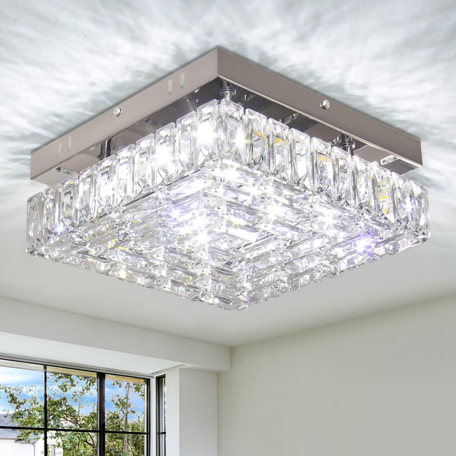 FRIXCHUR Square Flush Mount Crystal Chandelier LED Crystal Ceiling Light Modern Small Ceiling Light Fixture for Bedroom Hallway Kitchen (6500K Cool White)