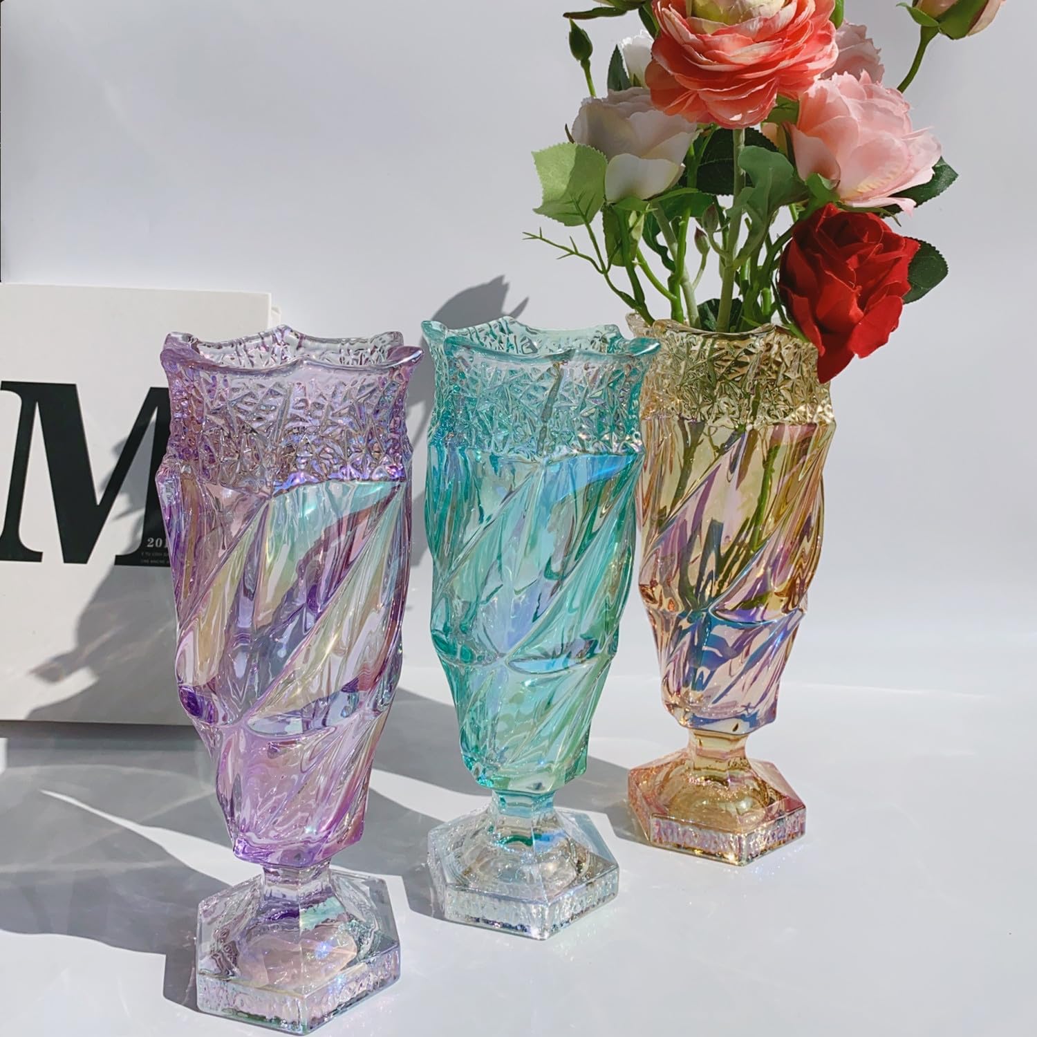 Florero de cristal de 2.5 libras 9.5 pulgadas, estilo bohemio, para centros de mesa, boda, decoración del hogar (ámbar brillante), ámbar brillante