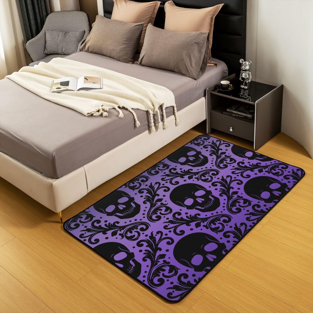 Loussiesd Tapis Salon 100x150cm Crâne Violet Tapis d’intérieur et d’extérieur Gothique Boho Bohème Doux Antidérapant Moderne Goth Damask Imprimer pour Salon et Chambre Lavable