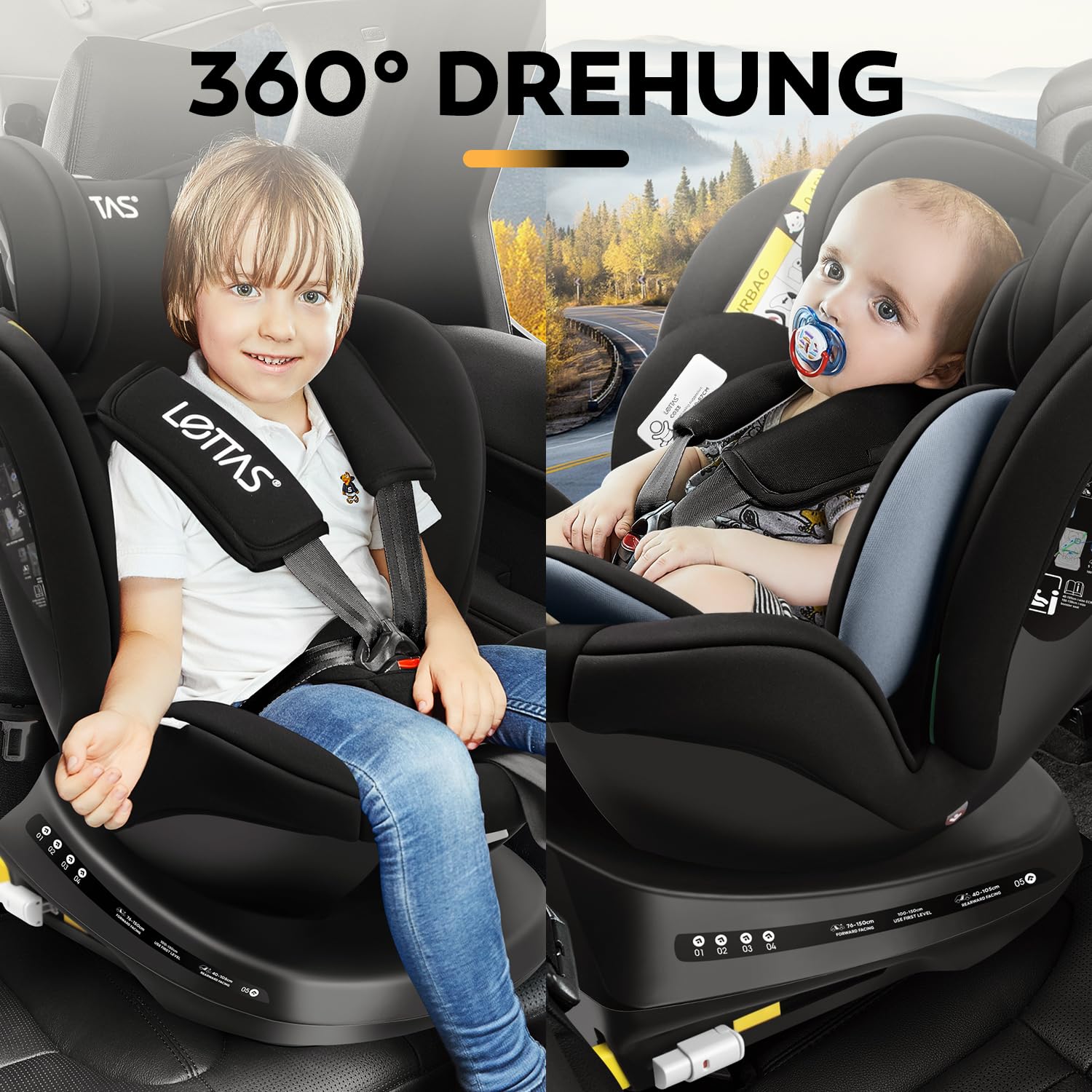 LETTAS I-Size 360° Drehbar Kindersitz, Autositz 0-12 Jahre (40-150 cm), Kinderautositz mit Isofix Verstellbarer Kopfstütze, ECE R129