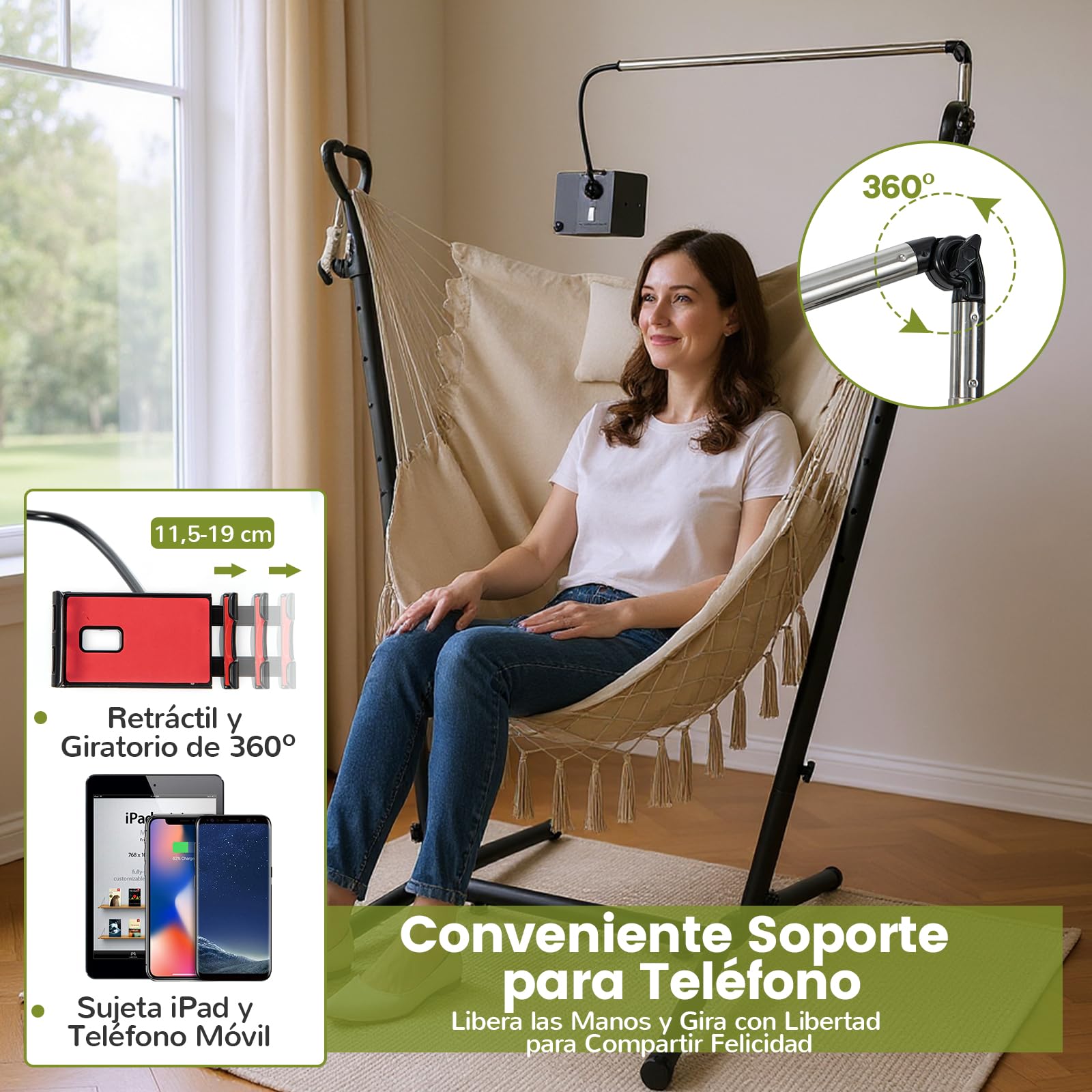 COSTWAY Silla Hamaca con Soporte, Altura Ajustale, Hamaca Jardin Exterior con armazón, Porta Teléfono, Almohada y Bolsillo Lateral, Silla Colgante Interior y Exterior, Máx. 250 KG (Beige)