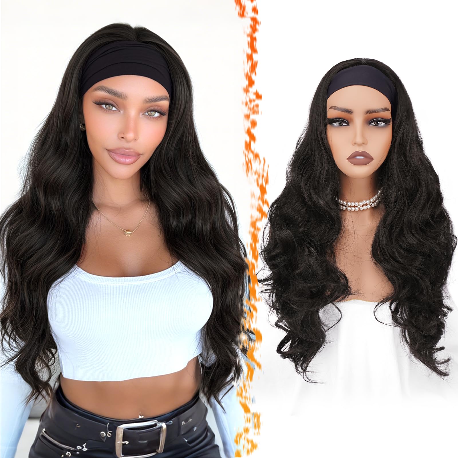 BARSDAR Body Wave Headband Wig - 26 Inch Dark Brown Long Loose Body Wavy Headband Wig for Women - Synthetic Wear and Go Glueless Wigs Soft Lightweight