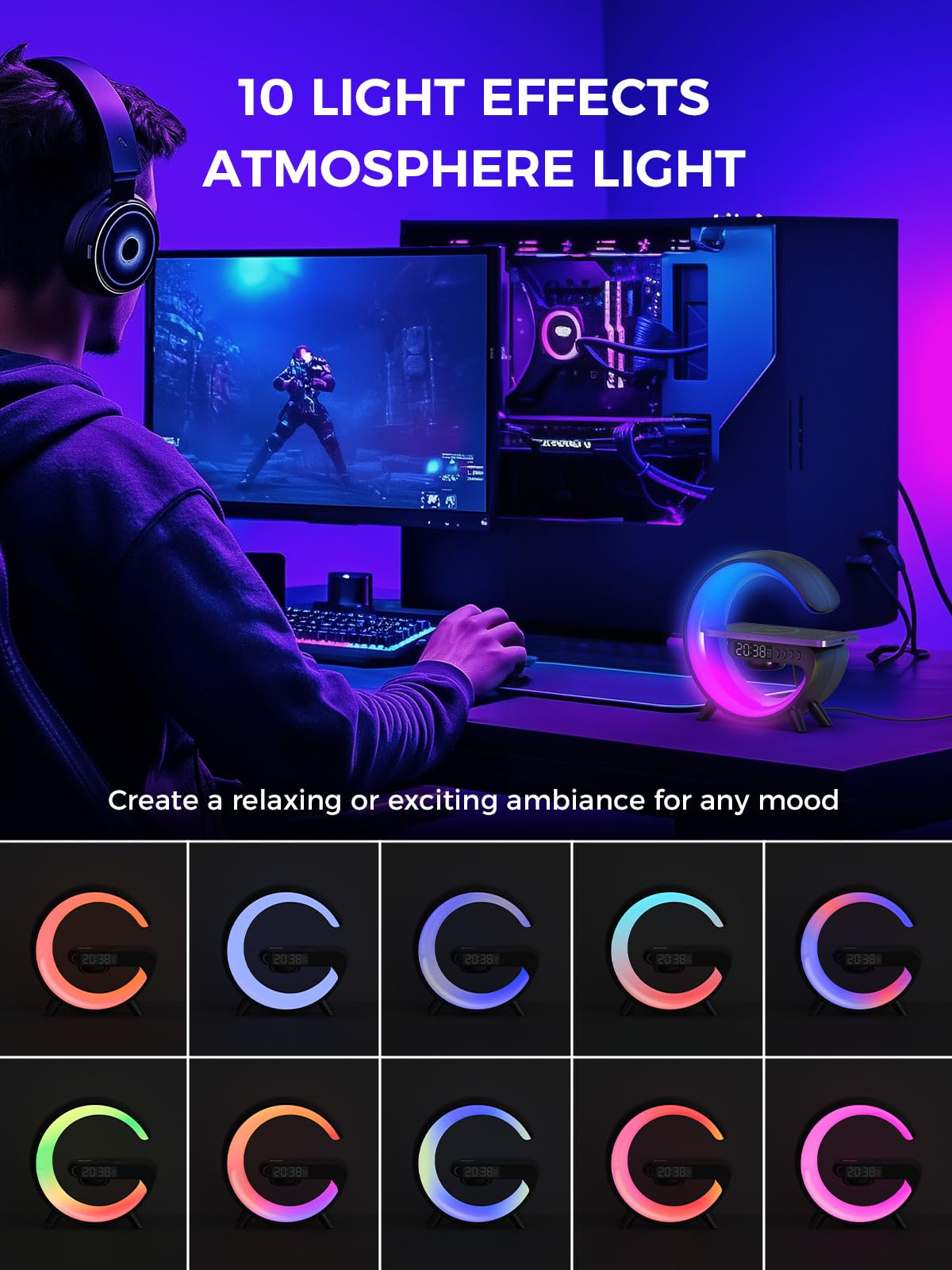 Smiling Shark Intelligente Lampe Ambiance, Lampes de Réveil Lumière avec Charge Sans Fil & Haut-Parleur Bluetooth Simulateur D'aube Bouton Contrôle 10 Mode Lumière Lampe de Reveil pour Chambre Salon