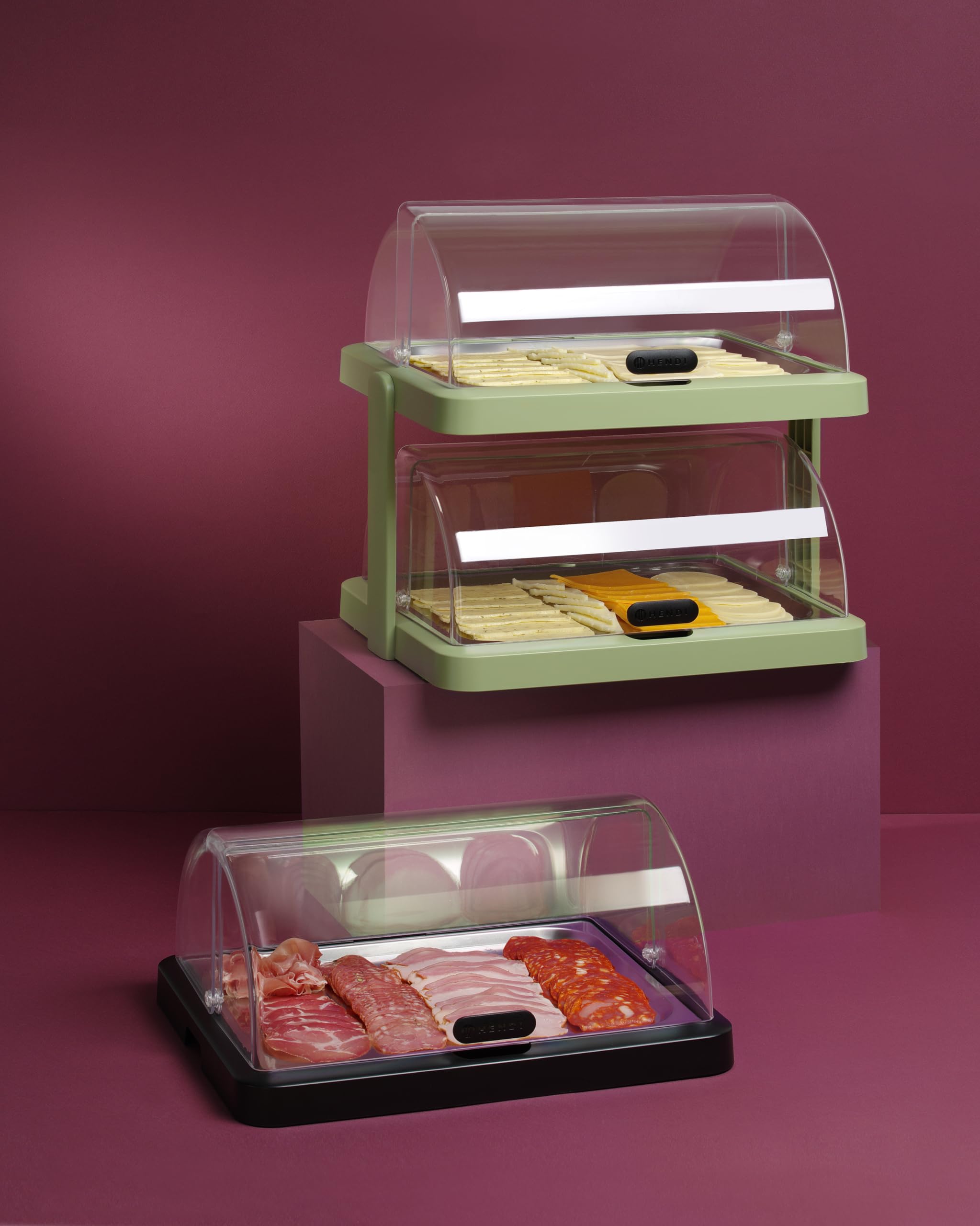HENDI Vitrine réfrigérée double de présentation Duo UNIQ, Vert | ABS et PET transparent, 2 couvercles coulissants roll-top, 2 plateaux inox 40x30cm, 4 accumulateurs de froid,480x355x(H)480mm