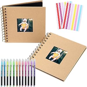2 Pack Scrapbook Photo Album, BetterJonny DIY Black Scrap Book with Colored Pencil and Corner Sticker - Ideal for Kids Adullts Baby Scrapbooking Arts Crafts Travel Couples