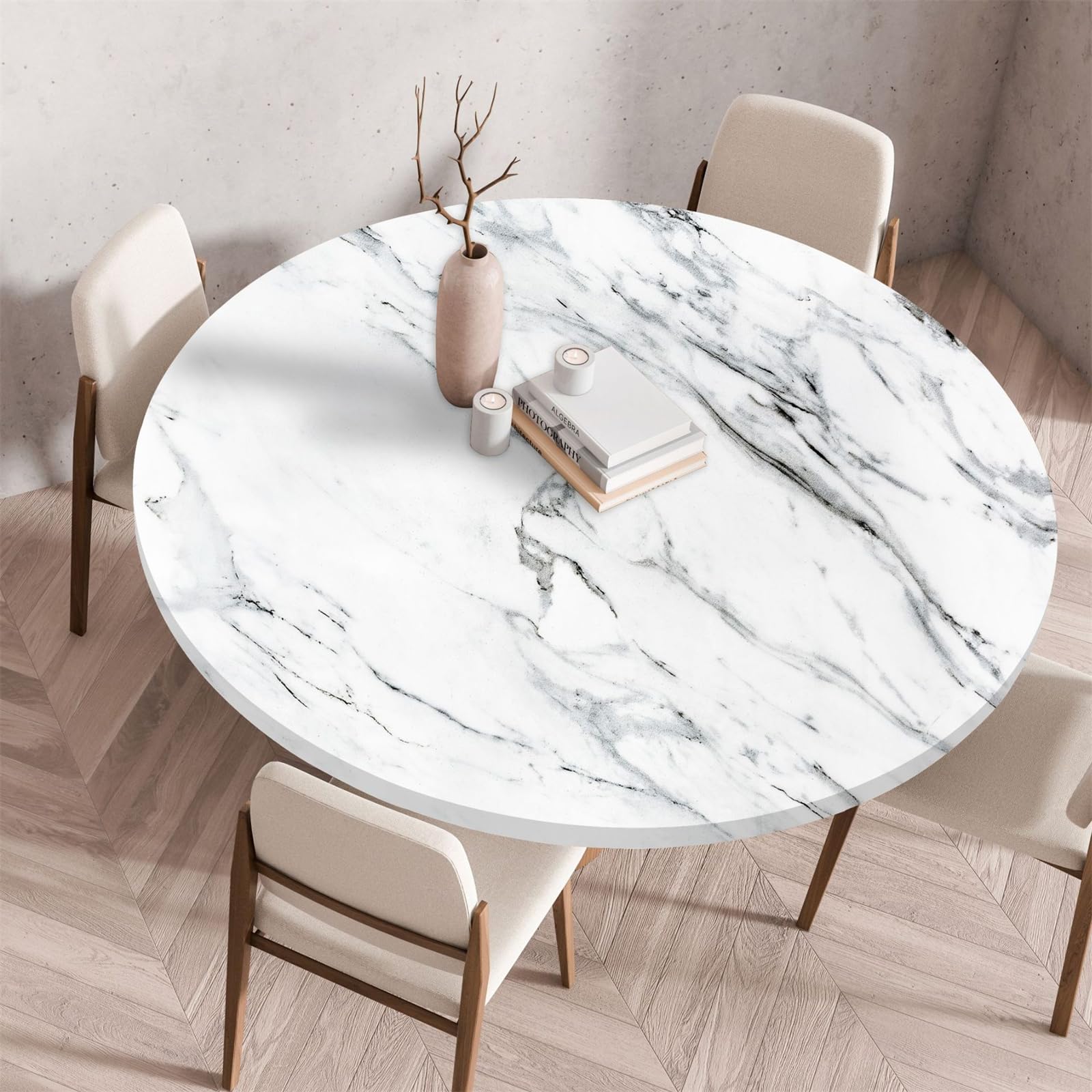 Muiuou Elastic Fitted Round Tablecloth, Marble Printing Tabletop Reusable Waterproof Oil-Proof Round Table Cover Cloth, Fitted Home Decoration Restaurant Kitchen (Diameter 130cm,Marble 6) — image 1