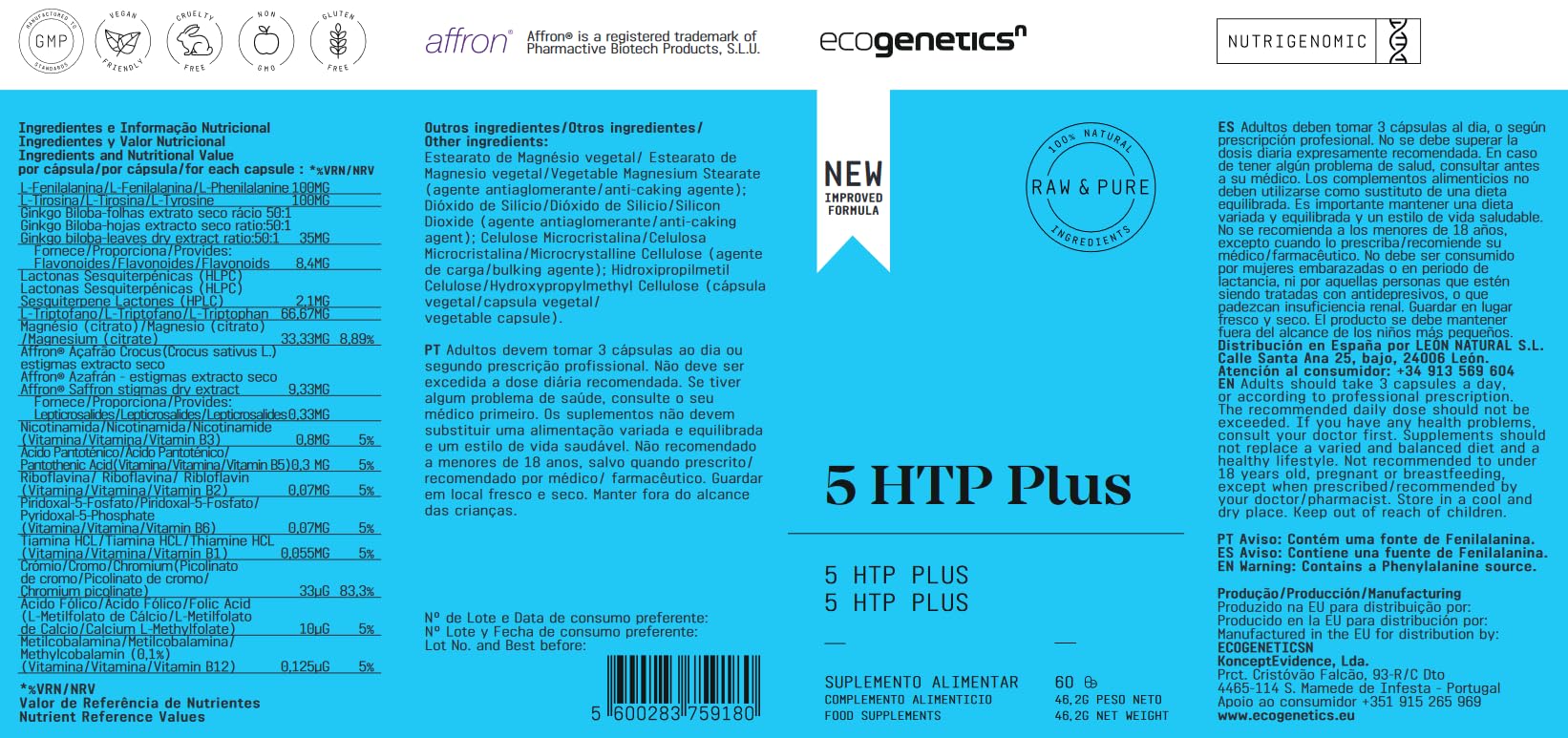 Ecogenetics 5HTP PLUS - 60 CAPS - Améliore l'humeur et favorise le sommeil
