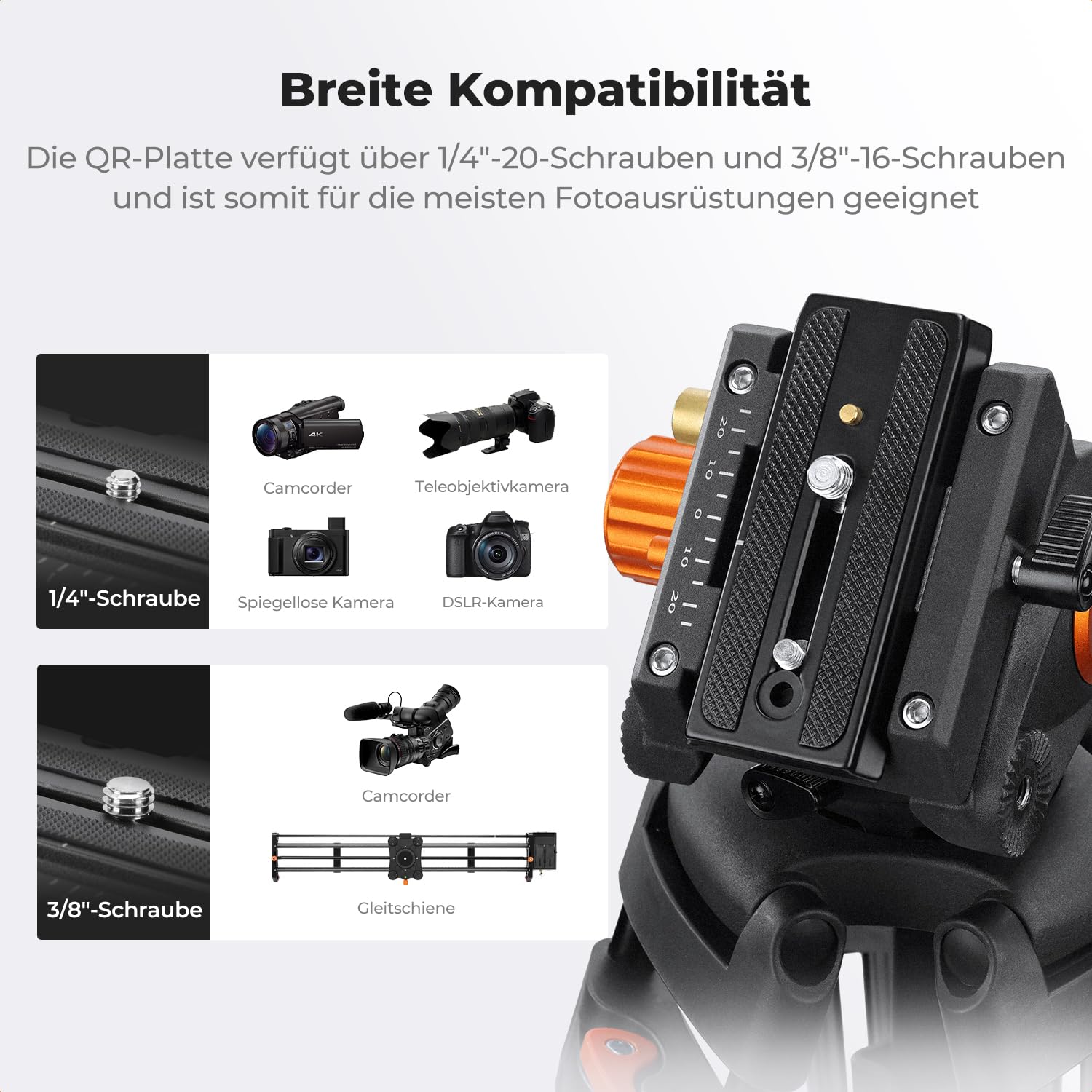 K&F CONCEPT Schwarz-Orange Aluminium 202cm Videostativ | Heavy Duty Tripod Stativ, Fluidkopf, Schnellwechselplatte, Tragkraft 8kg für DSLR, Camcorder, Kameras VA3+BV70