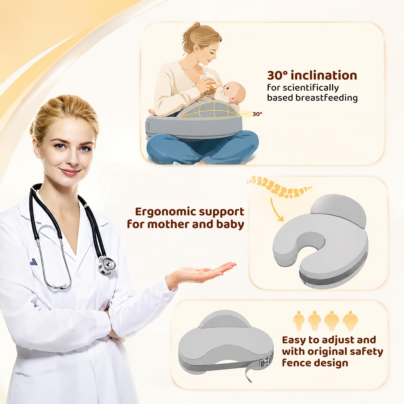 Cojín de Lactancia con Valla de Seguridad, Almohada de Lactancia en Memory Foam con Correa Ajustable y Funda de Algodón Removible, Cojin Diseño Ergonómico para Mamá, Bebé, Embarazo y Postparto
