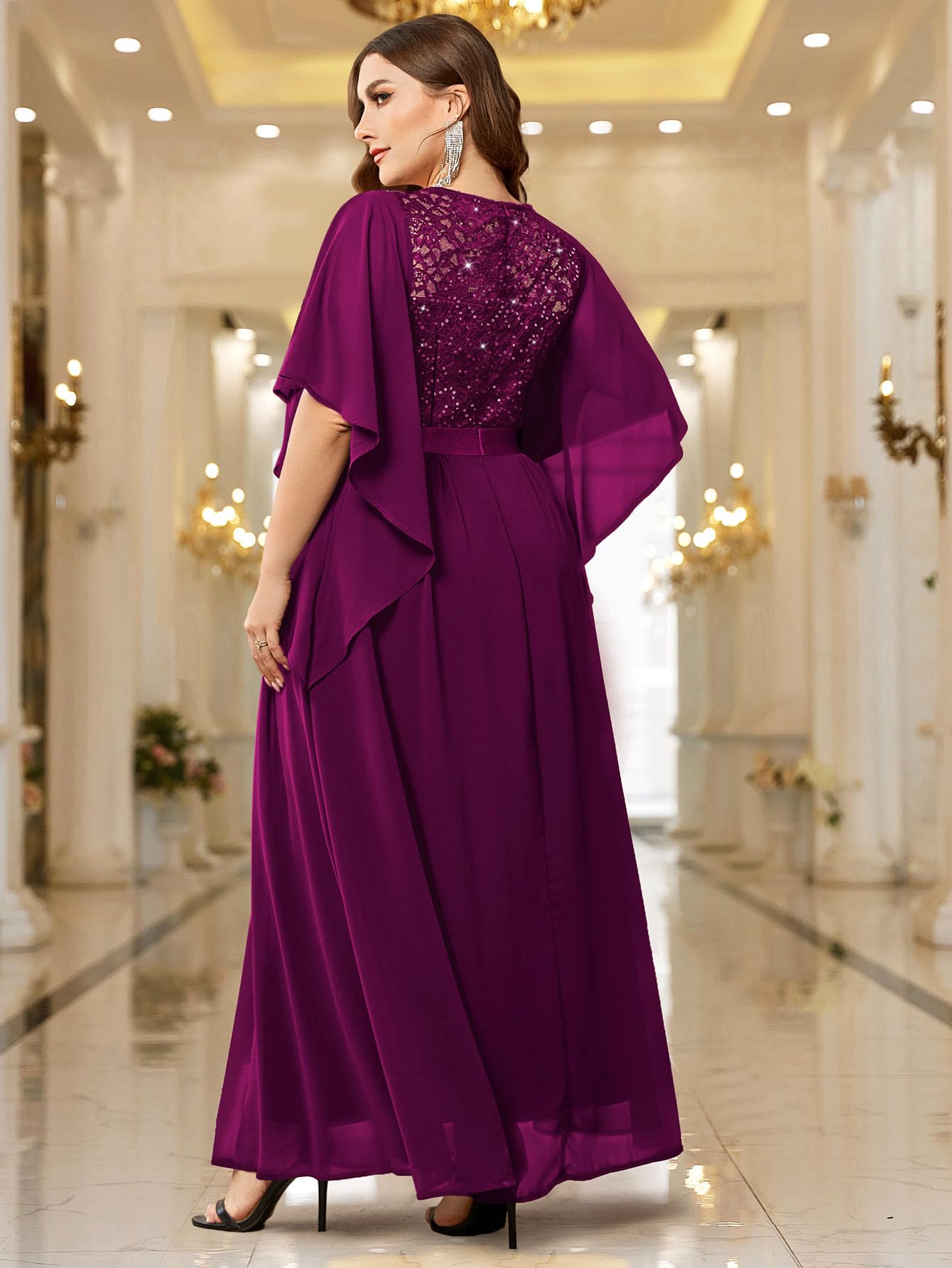MISSMAY Abito lungo da donna, elegante, con maniche a farfalla, in chiffon, con paillettes, corpetto da sera, per feste