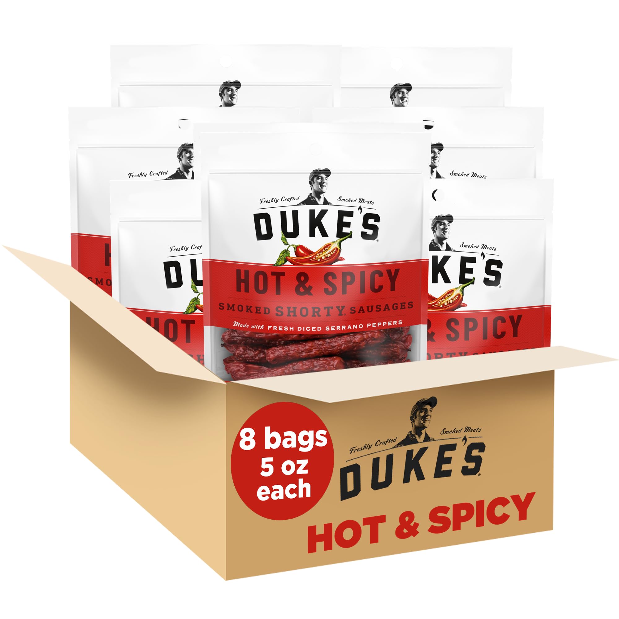 Duke's Pork Hot & Spicy Smoked Shorty Sausages, 7g Protein Per Serving, 5 oz. (Pack of 8)