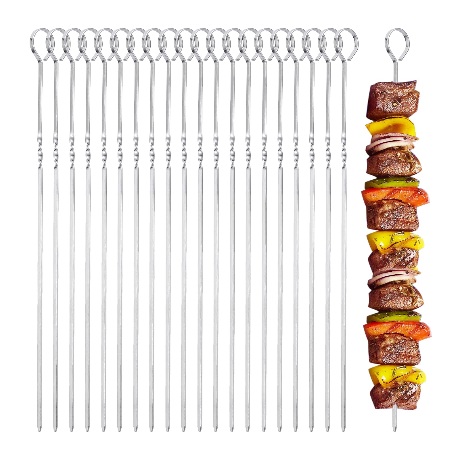 EKisemio 20PCS Flat Stainless Steel Kebab Skewers for BBQ, 36cm Reusable Long Metal Skewers for Grilling, Camping & Outdoor Cooking - Dishwasher Safe