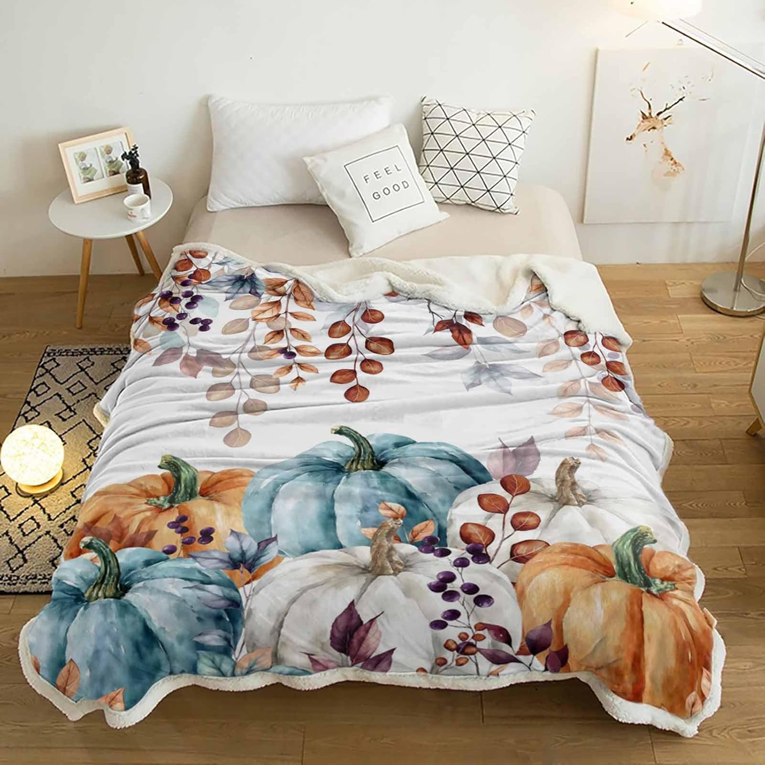 Fall Throw Blanket Thanksgiving Pumpkin Sherpa Flannel Throws for Couch,Autumn Eucalyptus Leaves Soft Fleece Blanket,Farmhouse Boho Watercolor Warm Cozy Bedspread Throws for Sofa Chair Living Bedroom