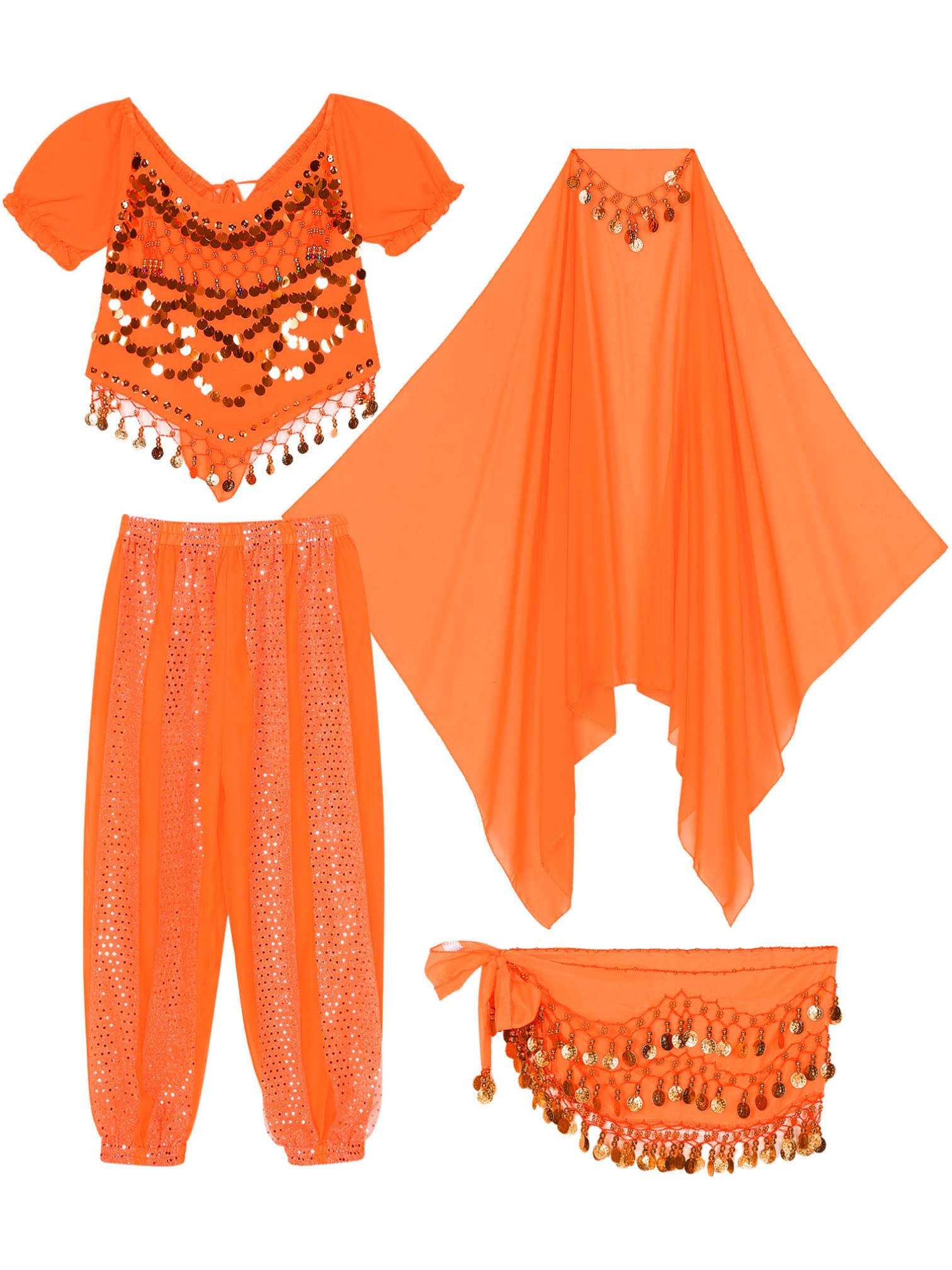 MSemis Damen Bauchtanz Kostüm Set Pailletten Tanzkleidung Indische Tanz Performance-Kleidung Halloween Karneval Tanzende Professionel Kostüm
