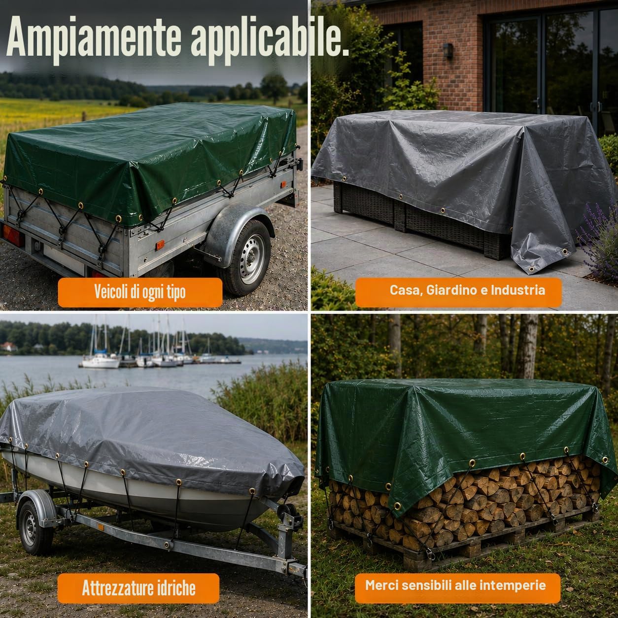 UMBRELLA® Telo di copertura 650 g/m² 4x5 m (20 m²) Bianco – telo in tessuto PVC antistrappo, 100% impermeabile e resistente ai raggi UV, occhielli in ottone – per camion, legna, piscina e giardino