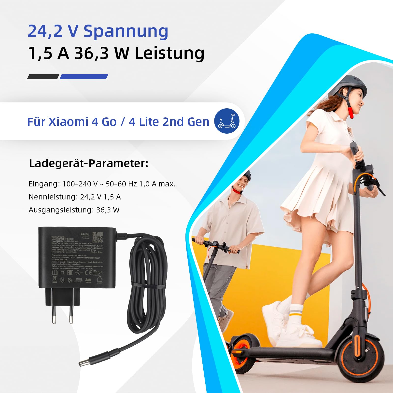 ulip Caricabatterie per scooter, 24,2 V, 1,5 A, caricabatterie per scooter con batteria al litio per Xiaomi Electric Scooter 4 Lite 2nd Gen