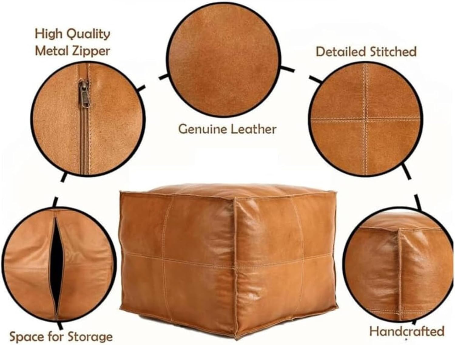 Handmade Square Moroccan Leather Ottoman Pouf, Genuine Handcrafted Leather Footstool, Dark Brown Storage Ottoman Coffee Table, Living Room Footrest, Bohemian Seating Décor (14D × 14W × 14H inches)