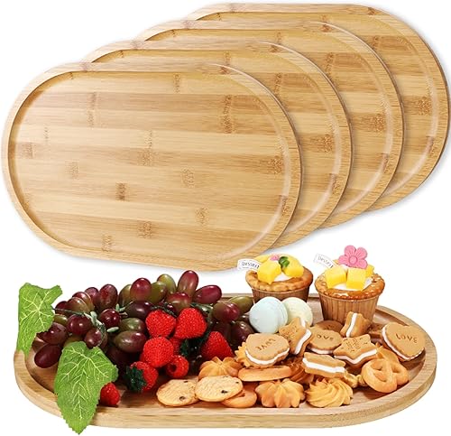 Miniatura 1 de Tanlade 4 bandejas de madera para servir, bandeja ovalada de madera rústica para manualidades, bandeja decorativa grande de madera para té, mesa de