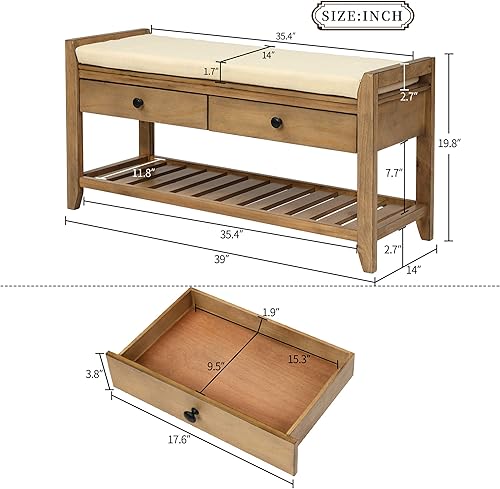 Miniatura 2 de P PURLOVE Banco de almacenamiento de entrada con zapatero acolchado con 2 cajones y estante de almacenamiento, pino viejo