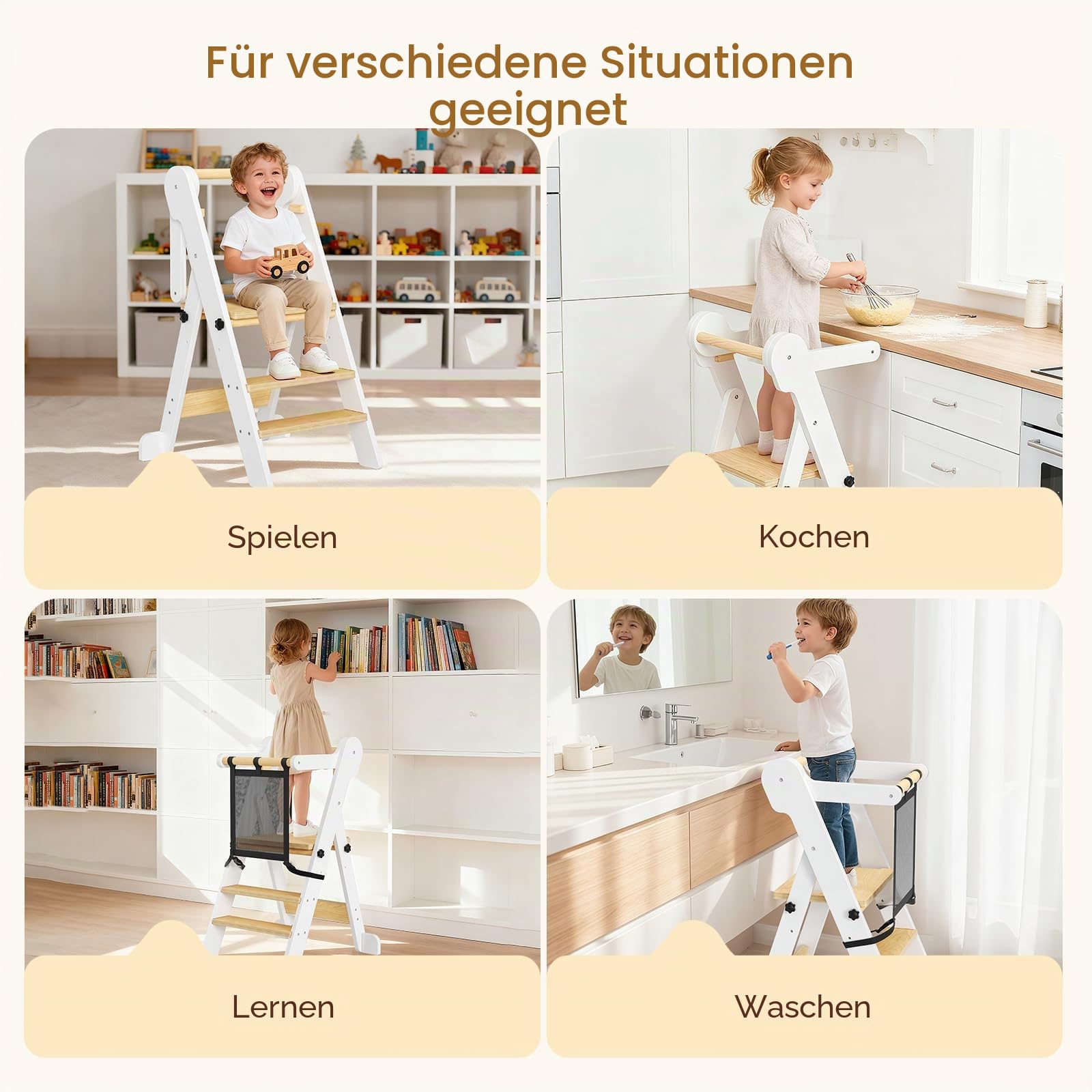 Montessori Lernturm für Kinder - Lerntower Verstellbarer Küchenhelfer mit Sicherheitsgel änder, Klapsbarer Lernturm Activity Tower für Kleinkind ab 1 Jahr, Natürliches Holz (Buche)