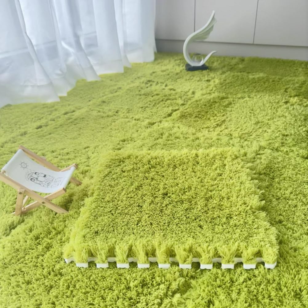 10 Pack Carpet Squares Puzzle Mat 30x30x1cm Plush Interlocking Carpet Tiles,Soft Fluffy Floor Protective Mat Shaggy Area Rug for Bedroom (Green)