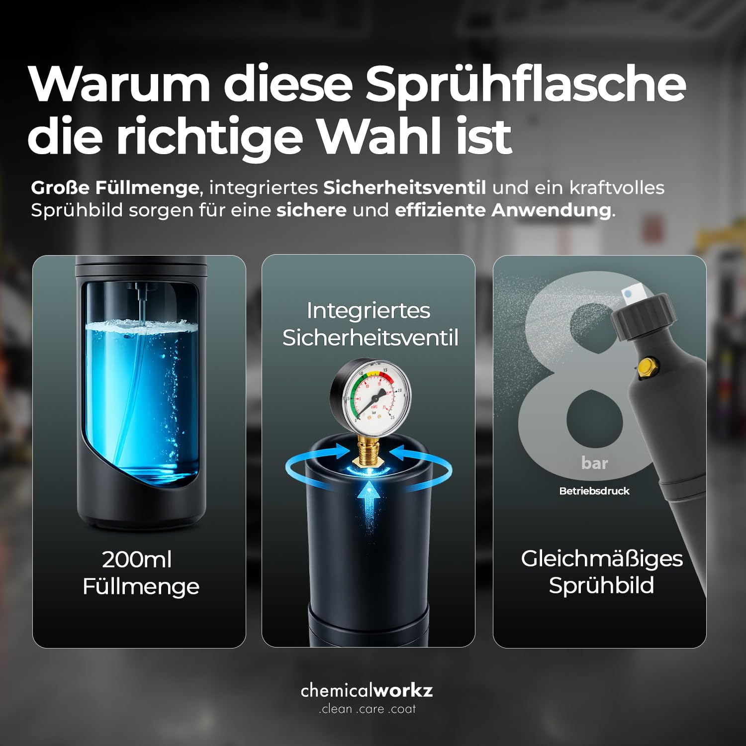 chemicalworkz Druckluft Sprühflasche 200 ml | Refill Pressure Sprayer mit 8 bar, Sicherheitsventil und 2 Düsen für Sprühnebel & Punktstrahl | Wiederbefüllbares Drucksprühgerät für Auto & Werkstatt