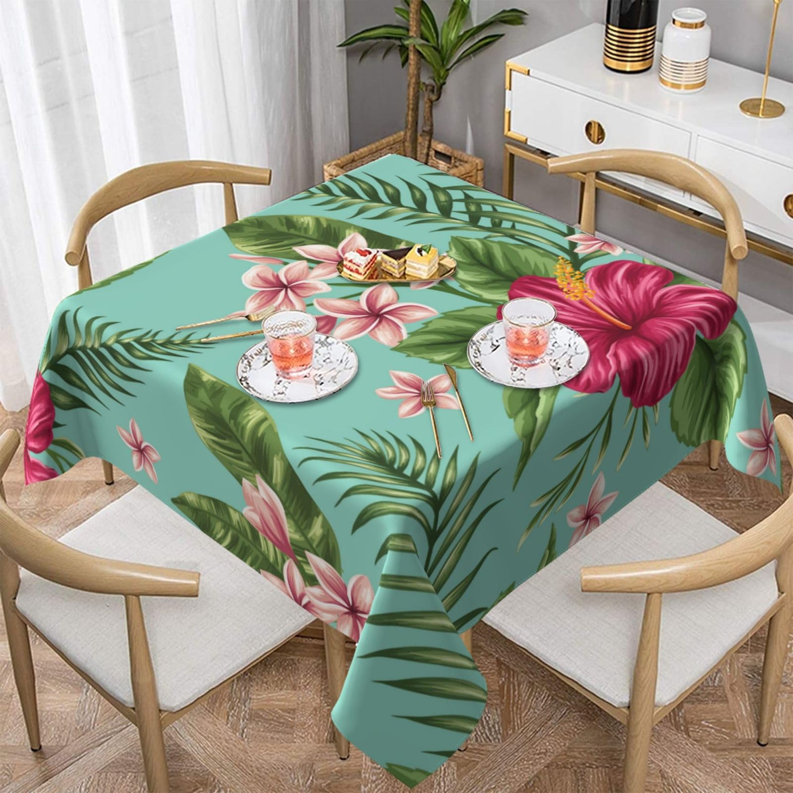 DCEHGEW Hawaiian Tropical Leaves Flowers Prints Square Tablecloth 152x152 CM, Waterproof Fabric Table Cloth for Dining Table, Farmhouse Table Cover for Kitchen Dining Tabletop Decoration