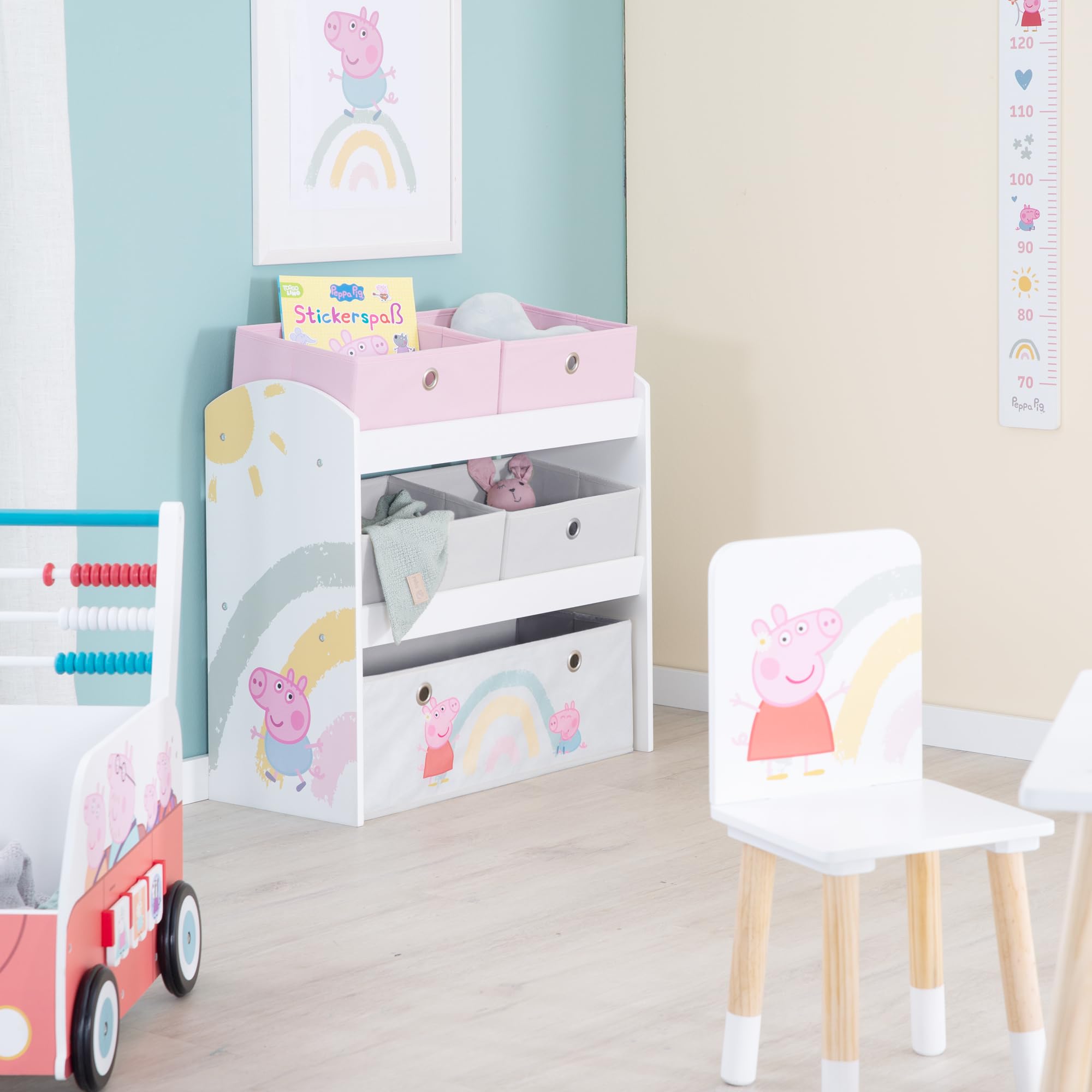 roba Estantería de Juguetes Infantil de Madera Peppa Pig - 5 Cajas de Tela Desmontables - Diseño de Cerda - Mueble de Almacenamiento para Juguetes y Libros - Rosa/Gris