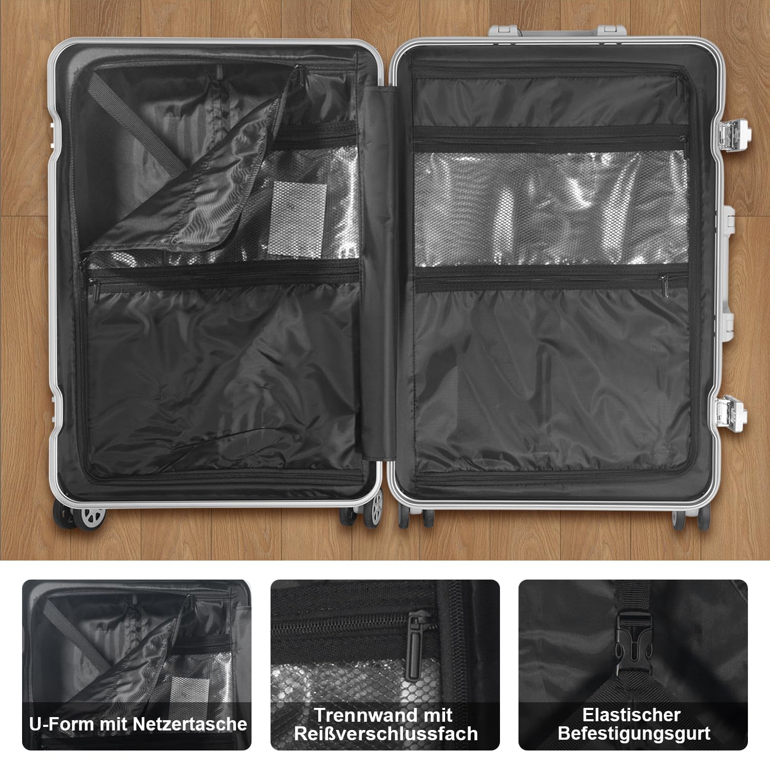 FusionShell Hartschalen-Kofferset 3-teilig, Silber | Aluminiumrahmen, 57 68 77 cm (43L 65L 110L), Rahmenverstärkt, TSA-Zahlenschloss, gummierte 360-Grad-Doppelrollen
