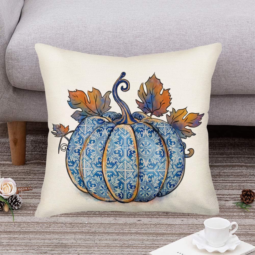 Fall Decorative Pillow Covers 18x18 Inch - Hello Fall Pumpkin Design, Set Of 2 (Linen Fabric) - View #2