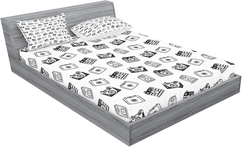 Miniatura 2 de Ambesonne Juego de sábanas bajeras vintage y fundas de almohada, cámaras de estilo retro dispersas sobre un fondo liso dibujado por lápiz,