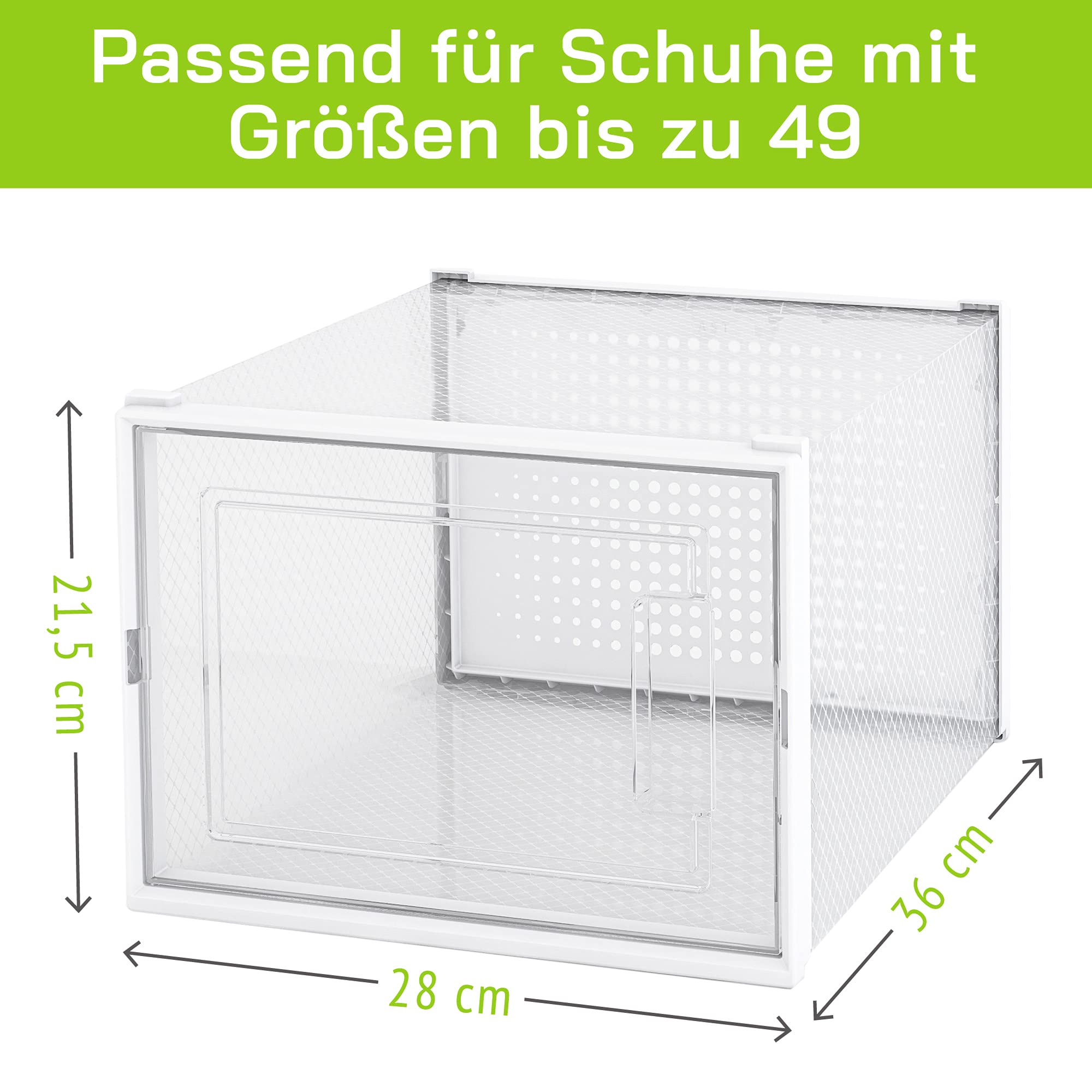 linovum 6er Set Schuhboxen stapelbar transparent für Übergrößen - modulare Aufbewahrungsbox für Schuhe mit Tür & Durchlüftung
