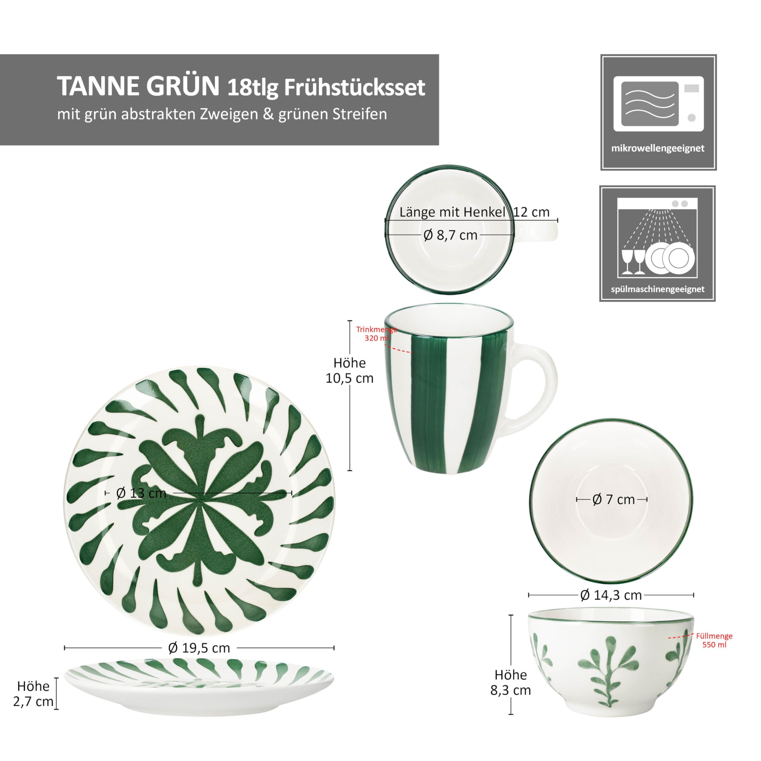 MamboCat Wald Green Service de petit-déjeuner 18 pièces I 6 petites assiettes à petit-déjeuner, bol à céréales et tasses à café pour 6 personnes avec branches et rayures I Noël