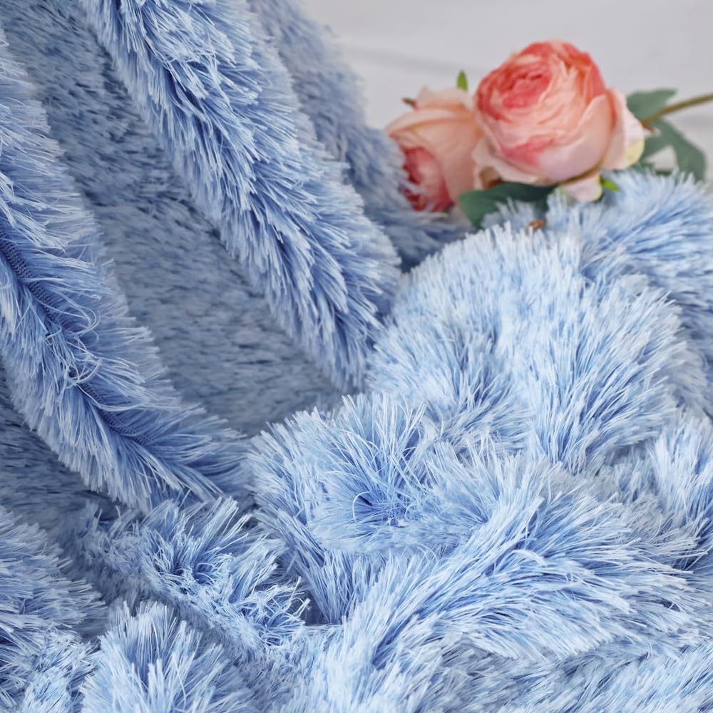 Plush Super Soft Blanket Bedding Sofa Cover Furry Fuzzy Fur Warm Throw Qulit Cozy Couch Blanket for Winter (63"x79",Blue and White)
