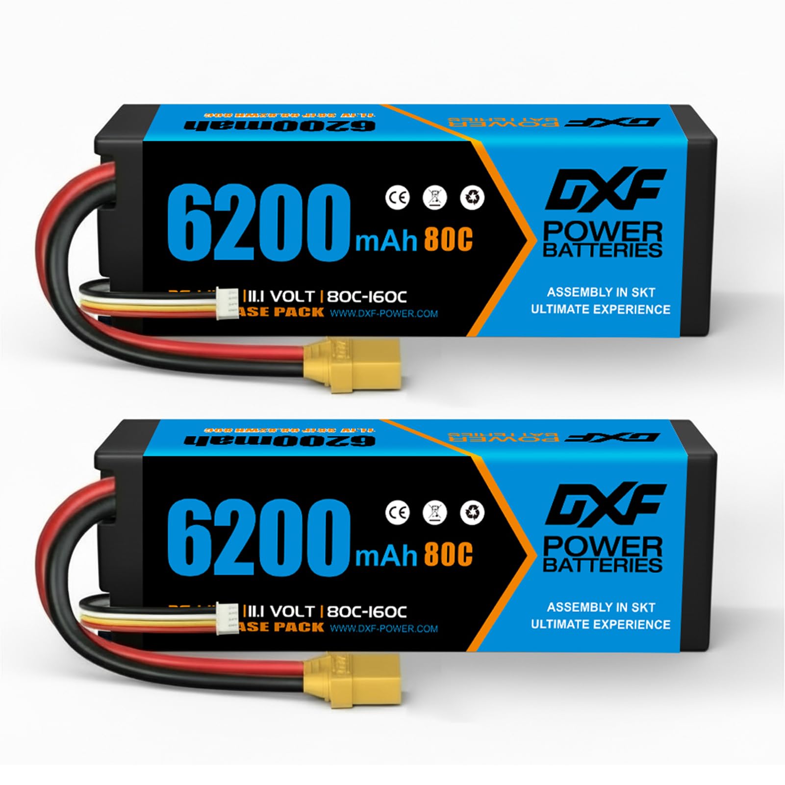 DXF 2 paquetes de baterías de polímero de litio 3S 6200 mAh 80 C – Batería de polímero de litio de alto rendimiento helicópteros RC, aviones, multi-rotores y más – Voltaje Lipo 3s 11.1 V, conexión