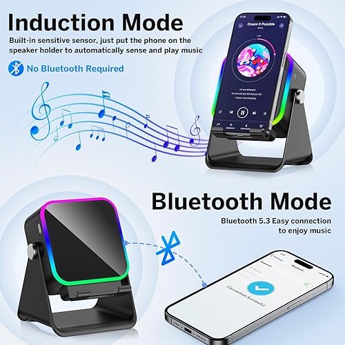 Miniatura 2 de Altavoz de inducción inalámbrico 5 en 1 Bluetooth con soporte para teléfono, sonido estéreo, recargable de 3500 mAh, luz ambiental 8 RGB, soporte