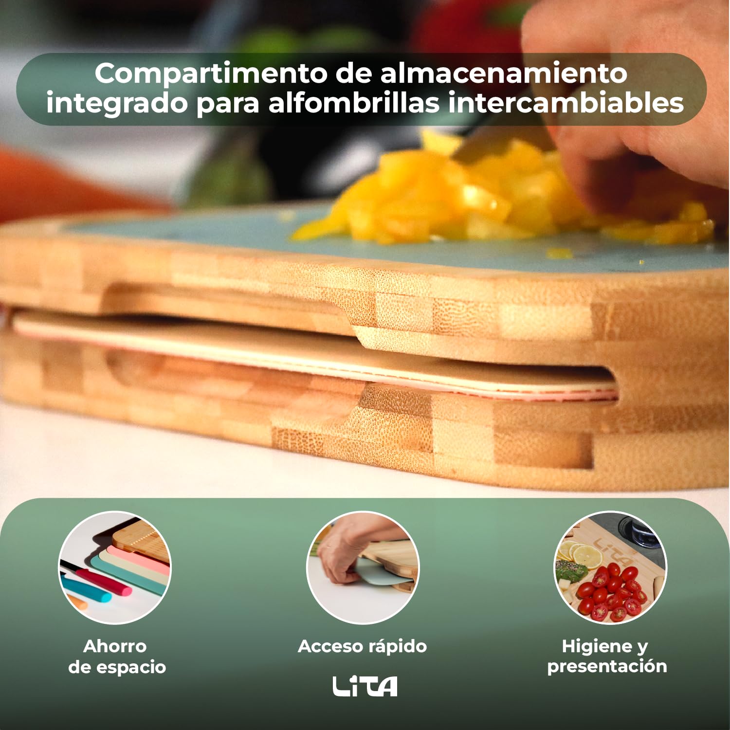 LITA Tabla de Cortar de Bambú Antibacteriana 36,5 x 27 x 4 cm, Doble Cara con 3 Alfombrillas Intercambiables, Tabla de Cocina para Carne, Pescado, Verduras y Pan, Libre BPA