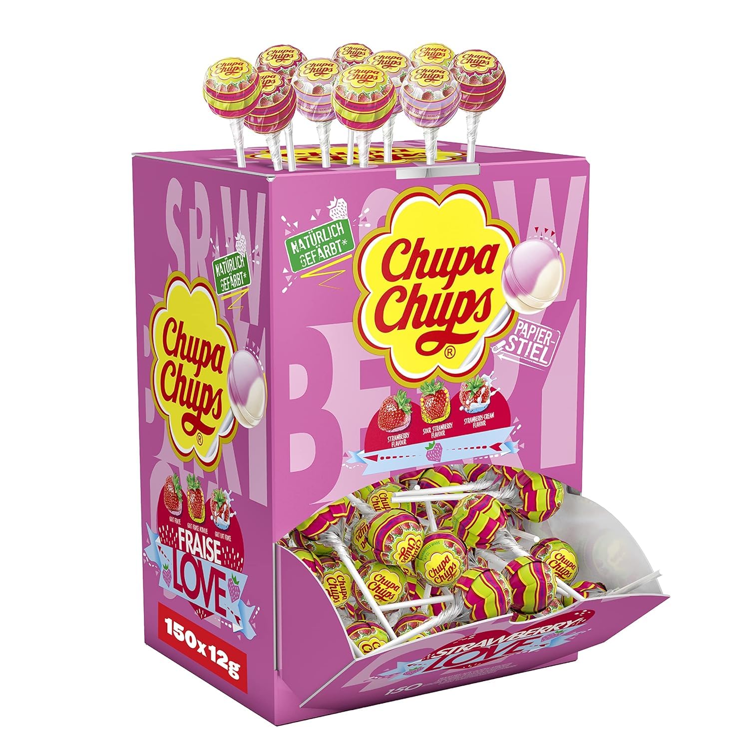 Chupa Chups Lollis Strawberry Lover, Thekendisplay mit 150 fruchtigen und cremigen Erdbeer-Lollis, geeignet für Kiosk, Candy-Bar, Geburtstag, 150 x 12g