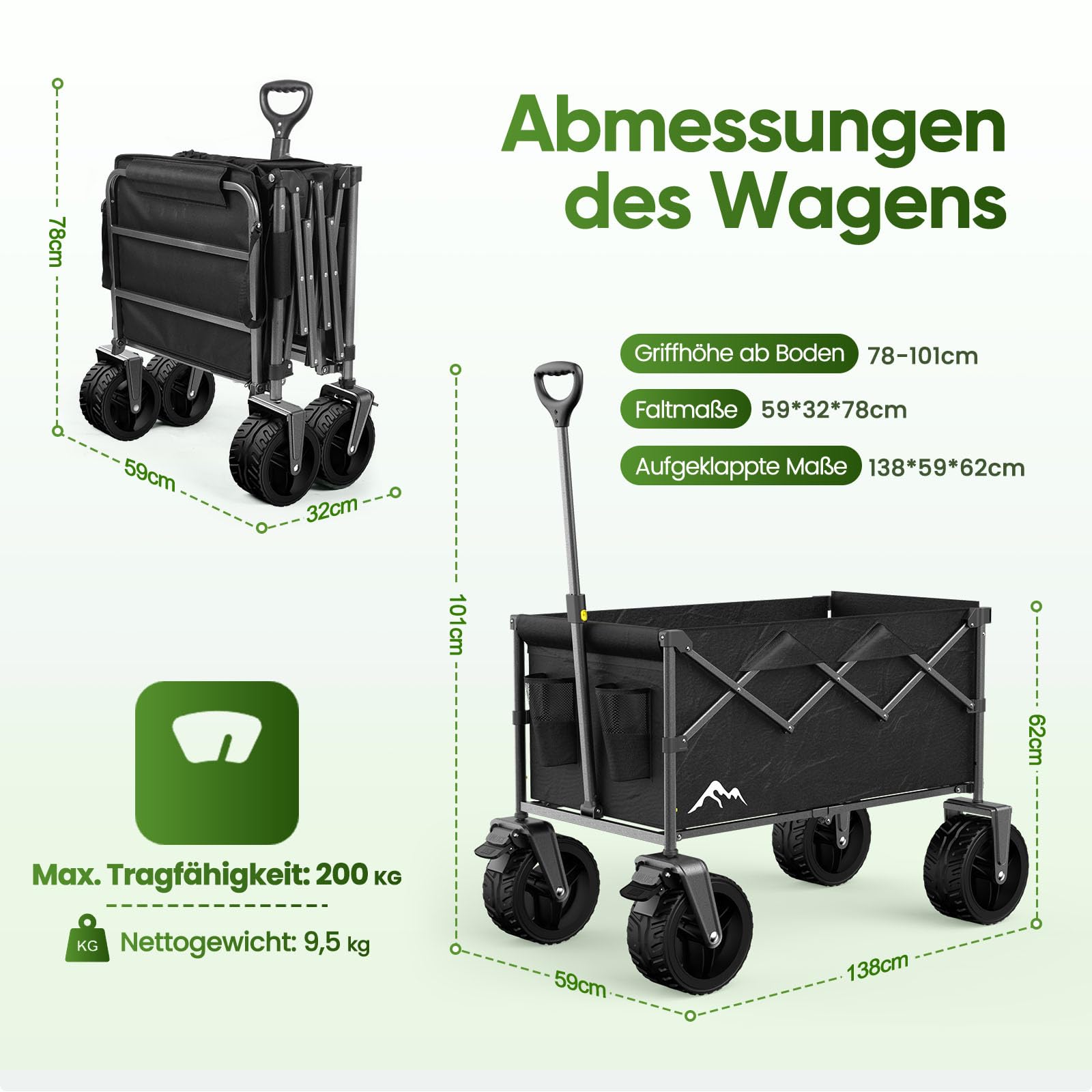 XXXL Bollerwagen Faltbar 300L mit Verstellbarer Heckklappe, 200 KG Belastbar, 360°-Schwenkbare All-Terrain-Räder & Doppelbremsen, Verstellbarer Griff & 2 Netztaschen，Strand/Wanderung/Camping/Einkauf