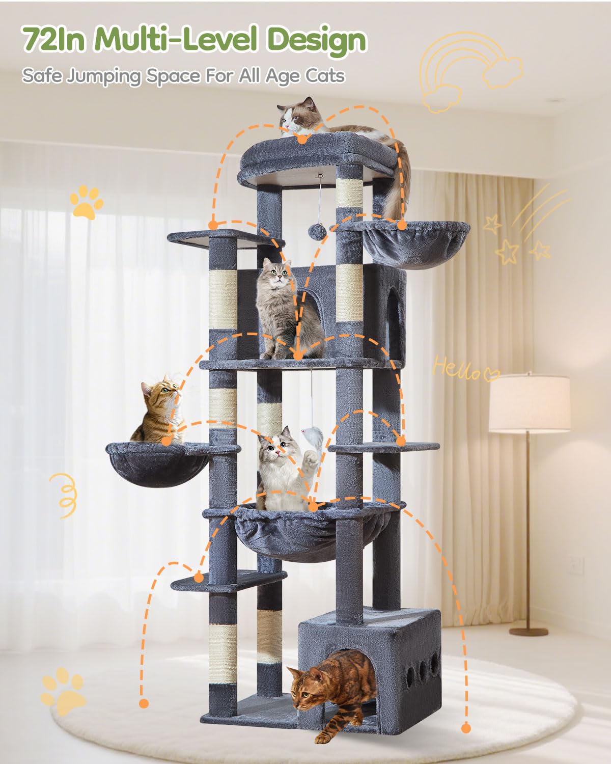 Taoqimiao 72 Inch Cat Tree, XXL Cat Tower for Indoor Cats Large Adult 25Lbs+, Extra-Large Platform, 2 Cat Houses, 7 Scratching Post, Extra-Sized Durable Hammock, Cozy Basket, Smoky Gray, F20G: Smoke Gray