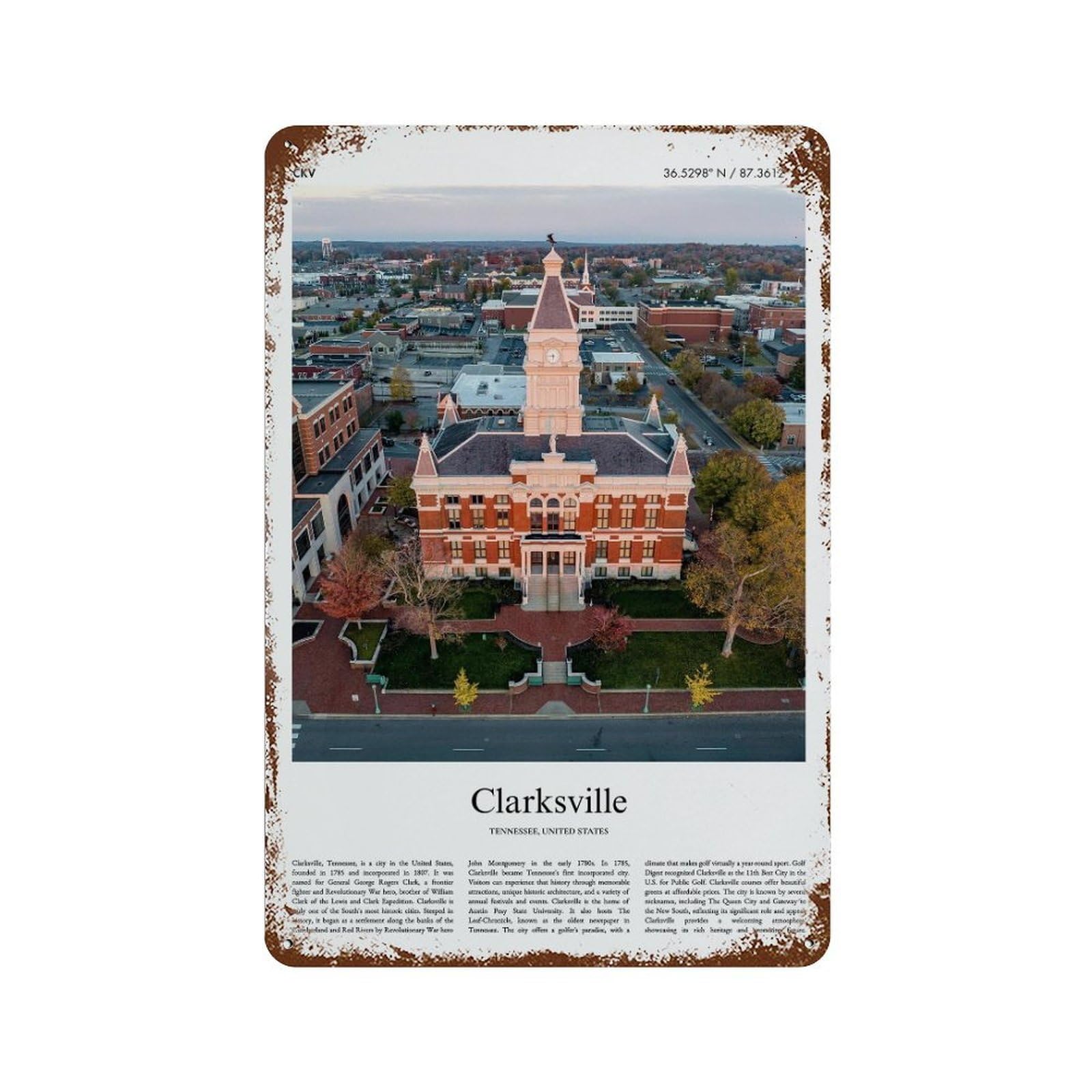 xiaoxiaoshen Clarksville Tennessee, United States, USA City Scenery Wall Decor Art Metal Tin Poster Modern Home Decor Art Home Bar Shop Decorations Vintage Sign 30x20cm